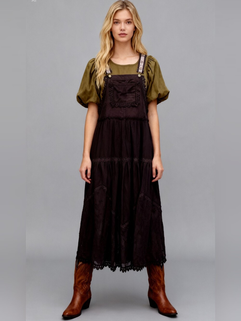 Embroidered Lace Up Adjustable Straps Tiered Midi Dress in Brown Size L